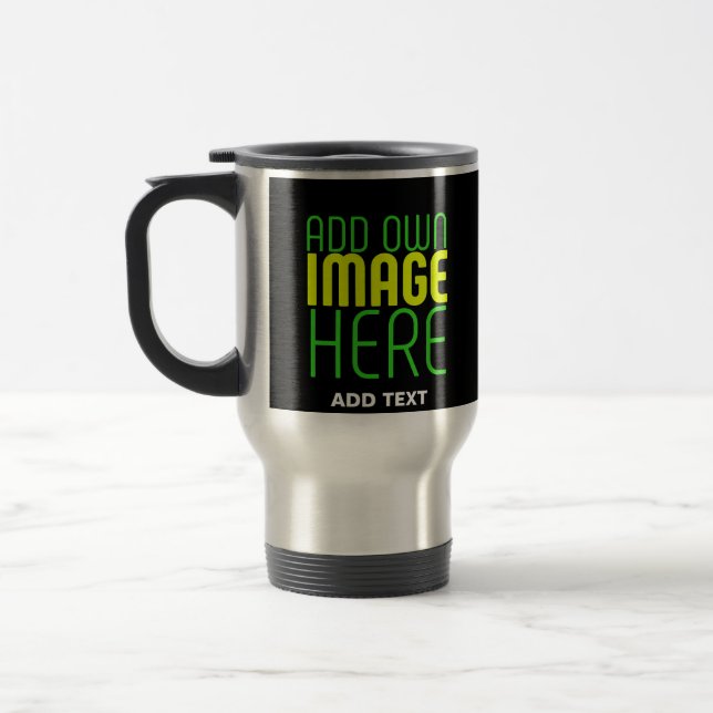 MODERN EDITABLE SIMPLE BLACK IMAGE TEXT TEMPLATE TRAVEL MUG (Left)