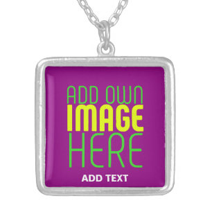 MODERN EDITABLE SIMPLE PURPLE IMAGE TEXT TEMPLATE SILVER PLATED NECKLACE