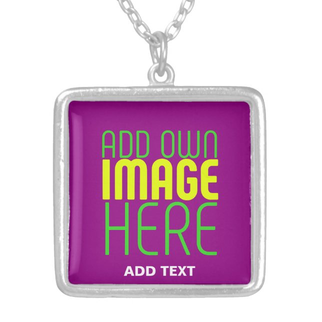 MODERN EDITABLE SIMPLE PURPLE IMAGE TEXT TEMPLATE SILVER PLATED NECKLACE (Front)
