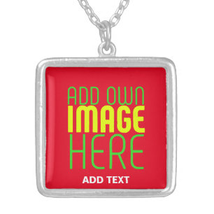 MODERN EDITABLE SIMPLE RED IMAGE TEXT TEMPLATE SILVER PLATED NECKLACE