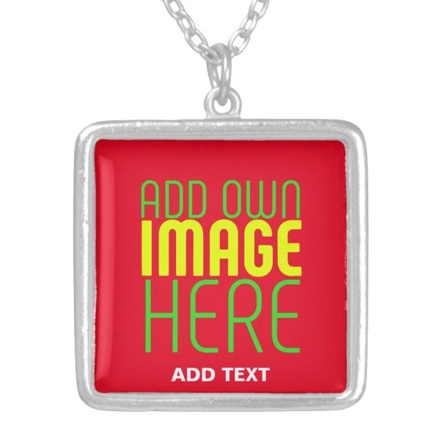 MODERN EDITABLE SIMPLE RED IMAGE TEXT TEMPLATE SILVER PLATED NECKLACE (Front)