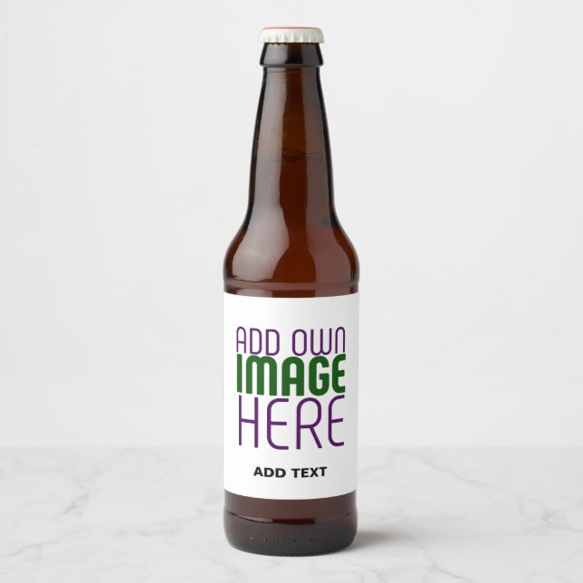 MODERN EDITABLE SIMPLE WHITE IMAGE TEXT TEMPLATE BEER BOTTLE LABEL (Front)