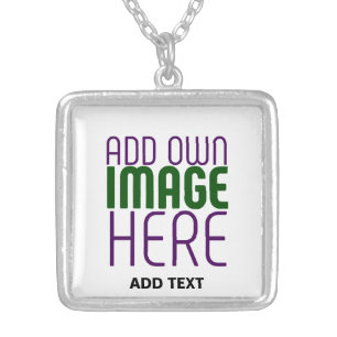 MODERN EDITABLE SIMPLE WHITE IMAGE TEXT TEMPLATE SILVER PLATED NECKLACE