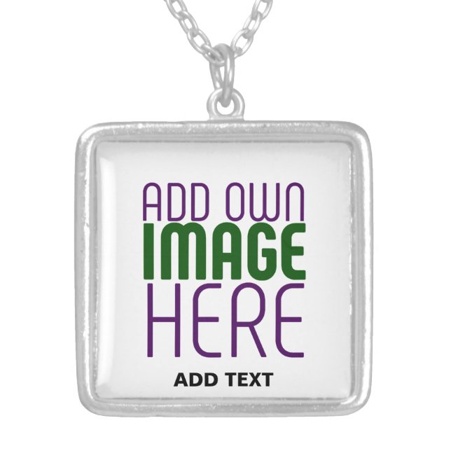 MODERN EDITABLE SIMPLE WHITE IMAGE TEXT TEMPLATE SILVER PLATED NECKLACE (Front)