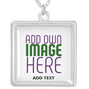 MODERN EDITABLE SIMPLE WHITE IMAGE TEXT TEMPLATE SILVER PLATED NECKLACE