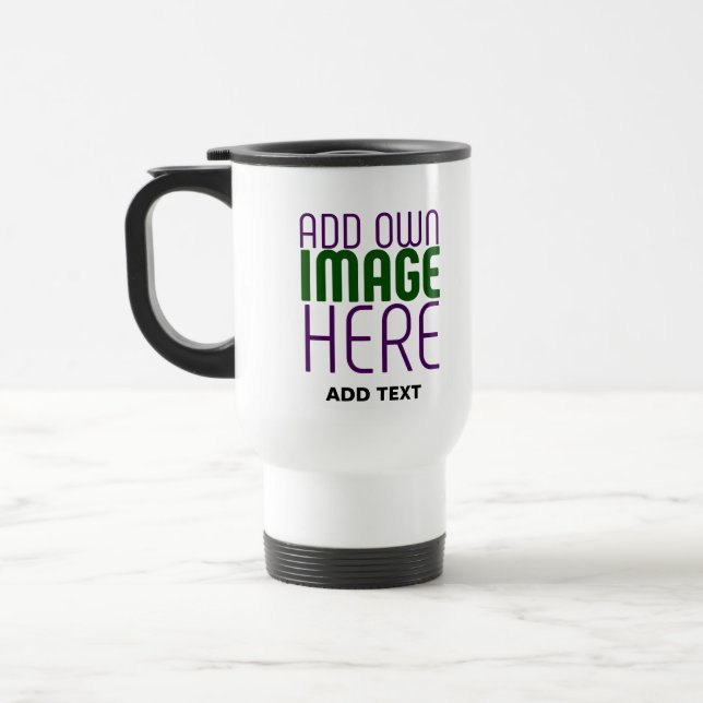 MODERN EDITABLE SIMPLE WHITE IMAGE TEXT TEMPLATE TRAVEL MUG (Left)