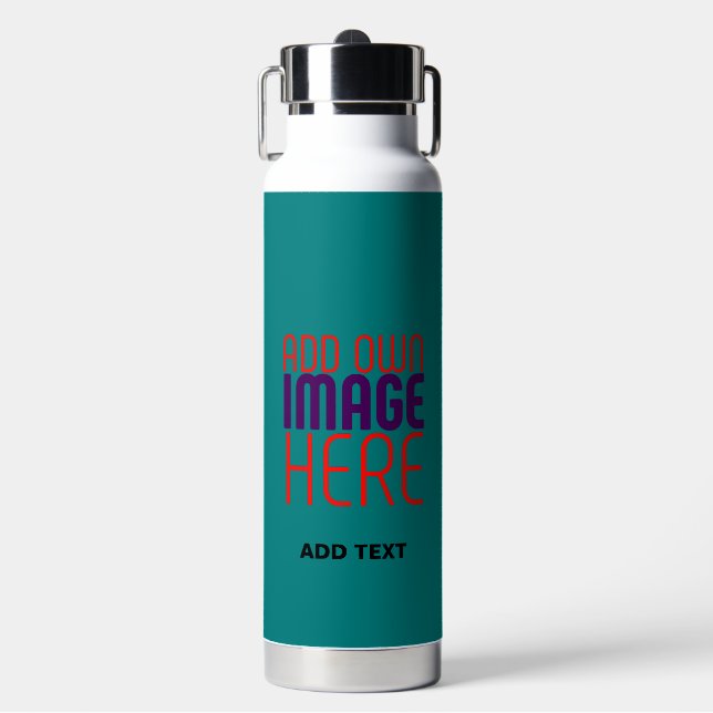 MODERN EDITABLE TEAL GREEN IMAGE TEXT TEMPLATE WATER BOTTLE (Front)
