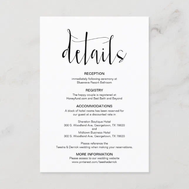 Modern Editable Wedding Details, Black Font, Enclosure Card | Zazzle