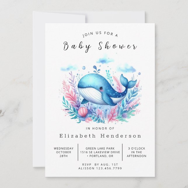 Modern Editable Whale Baby Shower Invitation (Front)