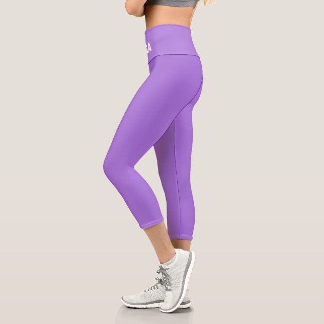 Modern Editable White Yoga Text on Violet Capri Leggings (Left)