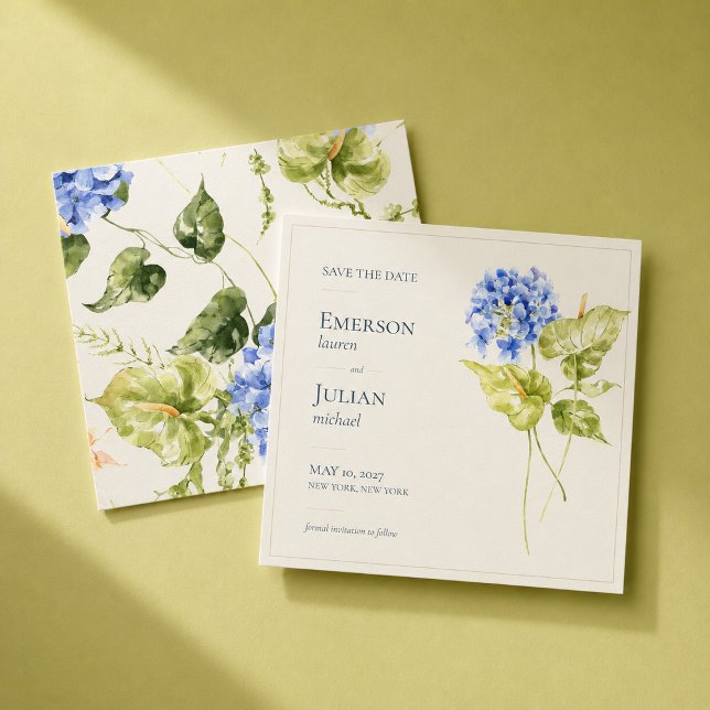 Modern Editorial Anthurium Hydrangea Wedding Save The Date (Modern editorial Save the Date featuring sculptural anthuriums and striking blue hydrangeas.)