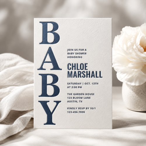 Modern Editorial BABY Typography Boy Baby Shower Letterpress Invitation