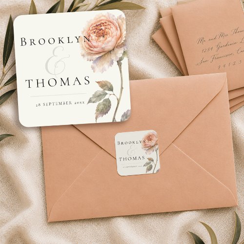 Modern Editorial Peach Peony Minimalist Botanical Square Sticker