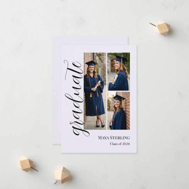 Modern Editorial Script 3-Photo Graduation Announcement (Front/Back In Situ)