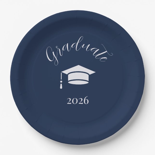 Modern Editorial Script Navy Photo graduation Paper Plates (Front)