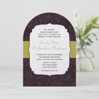 Modern Eggplant Chartreuse Damask Wedding Invitation