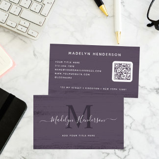 Modern Eggplant Purple Brush Strokes QR Code Business Card