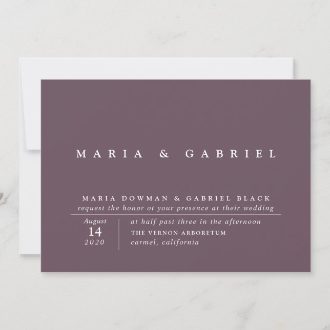 Modern Eggplant Purple Wedding. Typography Invitation (Front)