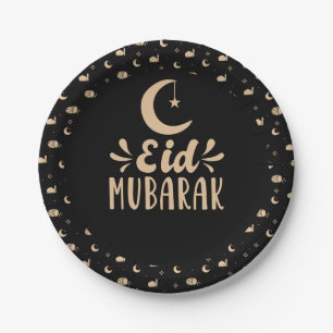 Modern Eid Mubarak Happy Eid Black Paper Plates