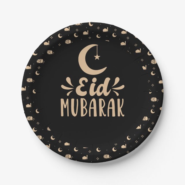 Modern Eid Mubarak Happy Eid Black Paper Plates (Front)