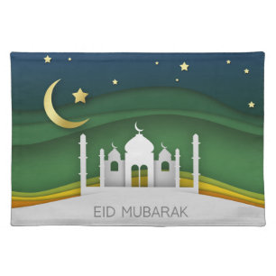 Modern Eid Mubarak Paper Cut Mosque Cloth Placemat