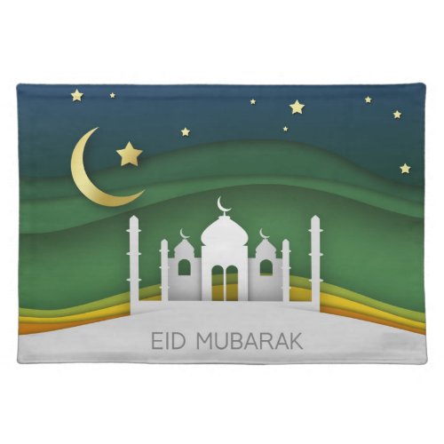 Modern Eid Mubarak Paper Cut Mosque Cloth Placemat