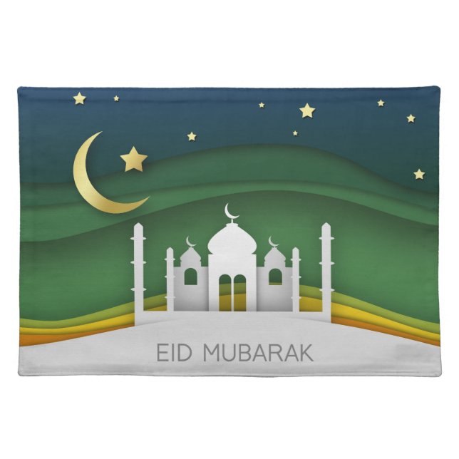 Modern Eid Mubarak Paper Cut Mosque Cloth Placemat (Front)