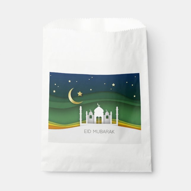 Modern Eid Mubarak Paper Cut Mosque - Favor Bag (Front)