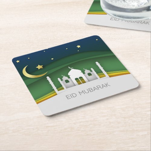 Modern Eid Mubarak Paper Cut Mosque Paper Coaster