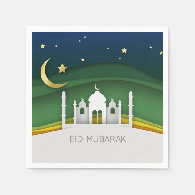 Modern Eid Mubarak Paper Cut Mosque - Paper Napkin (Front)