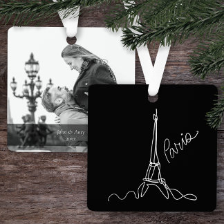 Modern Eiffel Tower Paris Doodle w/ Photo and Text Metal Ornament