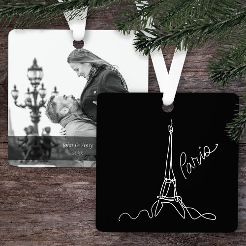 Modern Eiffel Tower Paris Doodle w Photo and Text Metal Ornament