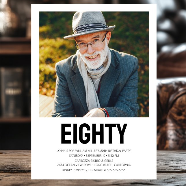 Modern EIGHTY Photo 80th Birthday Party Invitation (Creator Uploaded)