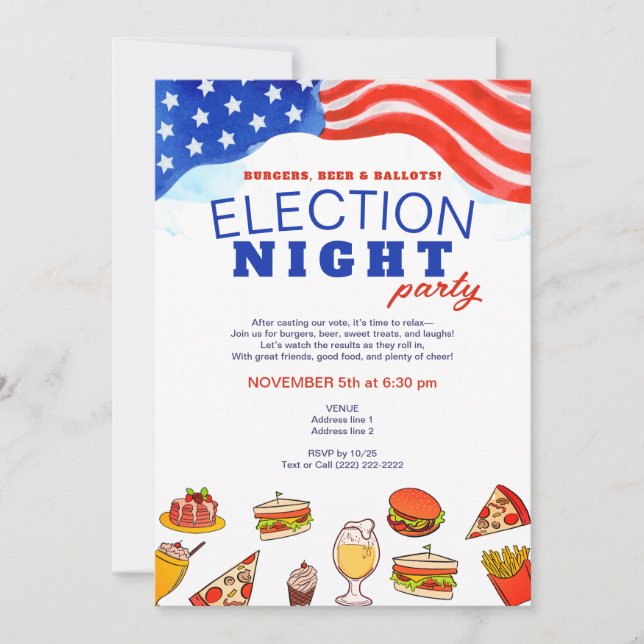 Modern Election Night Party Burgers Beer & Ballots Invitation (Front)