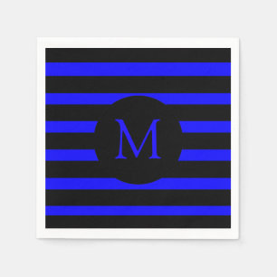 Modern Electric Blue and Black Stripes Monogram Napkins