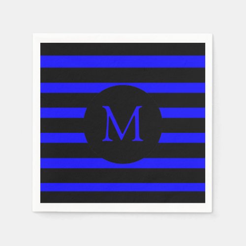 Modern Electric Blue and Black Stripes Monogram Napkins