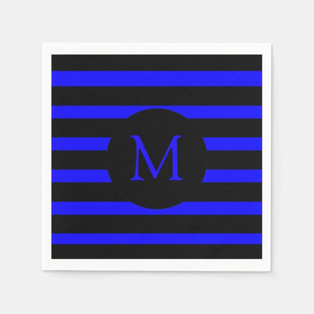 Modern Electric Blue and Black Stripes Monogram Napkins (Front)