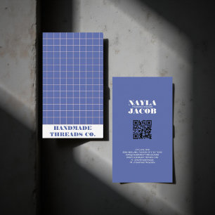 Modern Electric Blue Checkered Pattern QR Code  Business Card