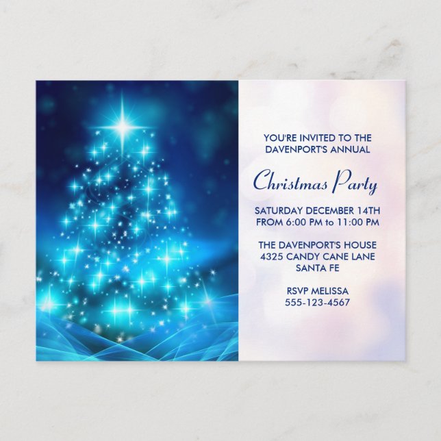 Modern Electric Blue Christmas Tree Party Invite (Front)