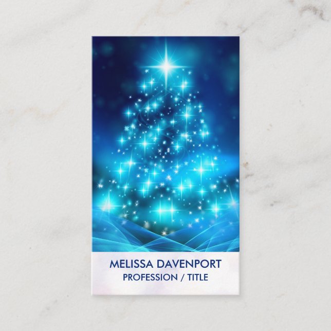 Modern Electric Blue Christmas Tree with Lights Business Card (Front)