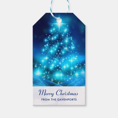 Modern Electric Blue Christmas Tree with Lights Gift Tags