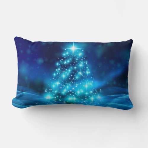 Modern Electric Blue Christmas Tree with Lights Lumbar Pillow