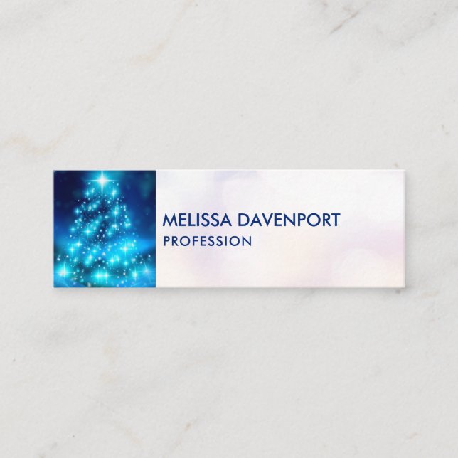 Modern Electric Blue Christmas Tree with Lights Mini Business Card (Front)
