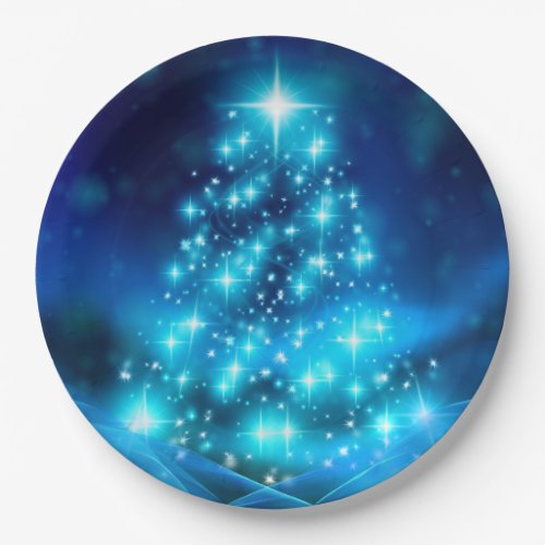 Modern Electric Blue Christmas Tree with Lights Paper Plates