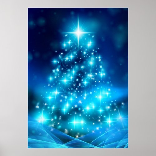Modern Electric Blue Christmas Tree with Lights Poster