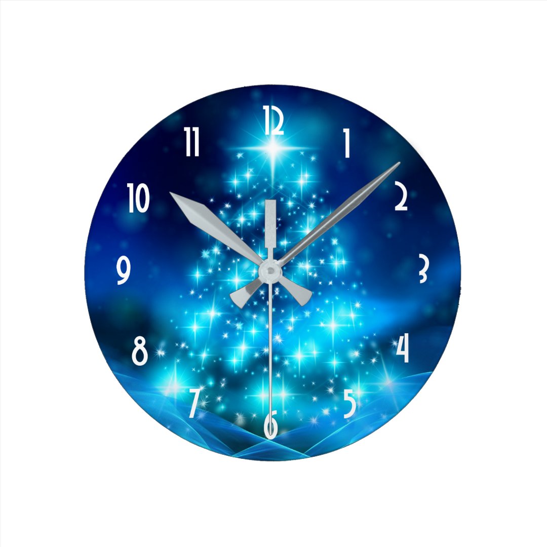 Modern Electric Blue Christmas Tree with Lights Round Clock | Zazzle