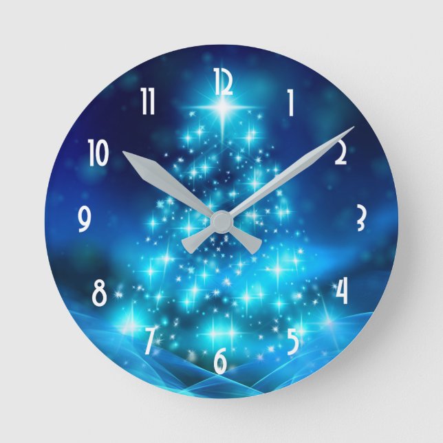 Modern Electric Blue Christmas Tree with Lights Round Clock (Front)