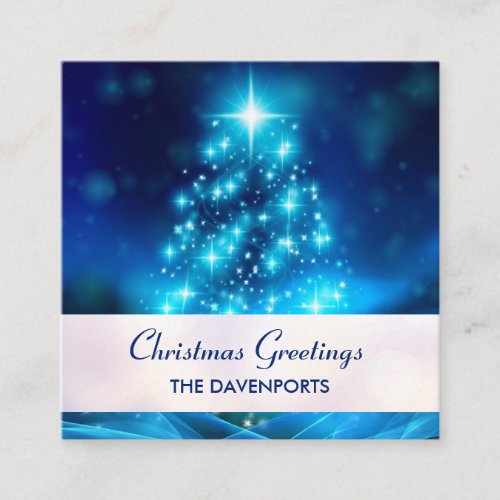 Modern Electric Blue Christmas Tree with Lights Square Business Card