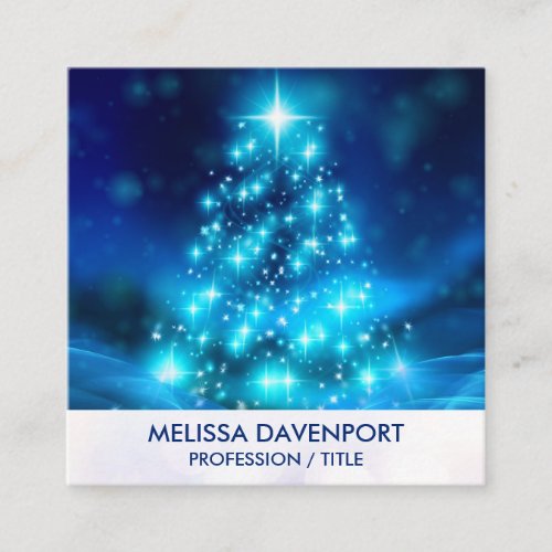 Modern Electric Blue Christmas Tree with Lights Square Business Card