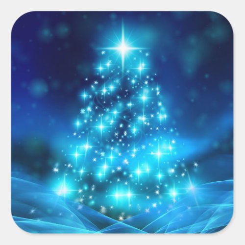 Modern Electric Blue Christmas Tree with Lights Square Sticker
